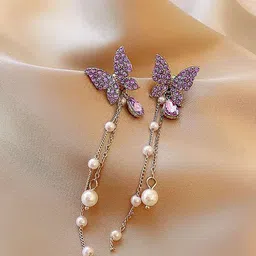 FIMBUL Silver-Plated Butterfly Shaped Rhinestone Studded Drop Earrings-30