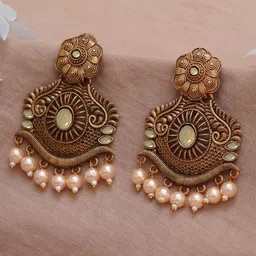 KARATCART Gold-Plated Green & White Stone Studded Classic Drop Earrings-7