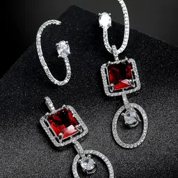 ZENEME Red Geometric Drop Earrings-image-84