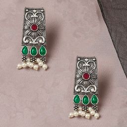 OOMPH Stones Studded Beads Beaded Geometric Oxidised Drop Earrings-40