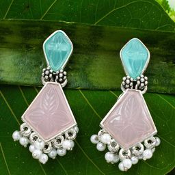 PRIVIU Silver-Plated Geometric Stone Studded Drop Earrings-55