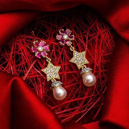 aadita Gold-Plated & Pink Star Shaped Drop Earrings-image-46