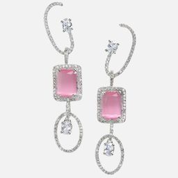 DressBerry Rhodium-Plated & Pink American Diamond-Studded Geometric Drop Earrings-image-22