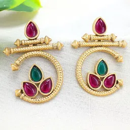 PRIVIU Gold-Plated Kundan Studded Contemporary Drop Earrings-12