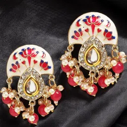 OOMPH Gold-Plated Kundan Stones Studded Contemporary Drop Earrings-image-2