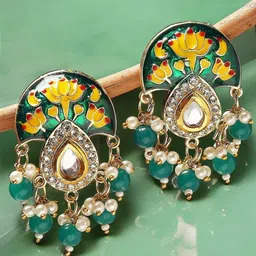 OOMPH Gold-Plated Kundan Studded And Beaded Contemporary Shaped Drop Earrings-11
