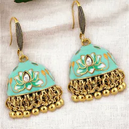 LUCKY JEWELLERY Gold Plated Kundan Studded & Beaded Jhumkas-image-53