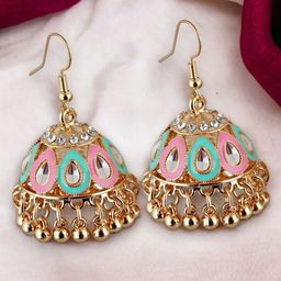 LUCKY JEWELLERY Gold-Plated Kundan Meenakari Contemporary Jhumkas-image-30