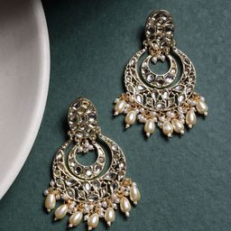 PANASH Gold-Plated Artificial Stones Studded and Beaded Contemporary Shaped Drop Earrings-0