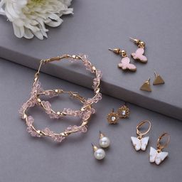 SOHI Set Of 6 Gold-Toned & Plated Pearls Beaded Contemporary Drop Earrings-13
