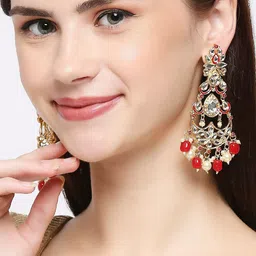 OOMPH Red and Gold-Toned Contemporary Drop Earrings-30
