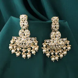 Yellow Chimes Woman Gold-Toned Kundan White Pearl Drop Earrings-30