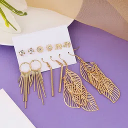 Unwind by Yellow Chimes Set Of 6 Gold-Plated & White Studs and long Dangler Earrings-3