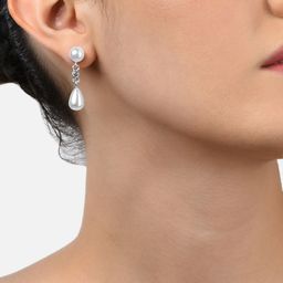 AMI Silver-Toned & White Contemporary Drop Earrings-image-91