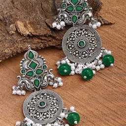 KARATCART Silver Plated Kundan Studded Oxidised Drop Earrings-3