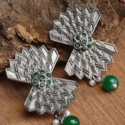 KARATCART Silver-Plated Oxidised Kundan Studded Drop Earrings-11