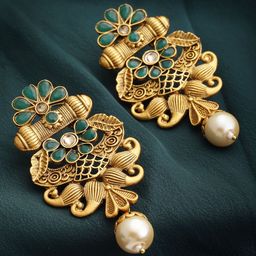 PANASH Gold-Toned & Green Contemporary Drop Earrings-7
