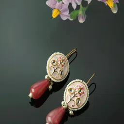 DUGRISTYLE Gold-Plated Kundan-Studded Contemporary Drop Earrings-9