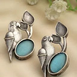 Sanjog Silver-Plated German Silver Contemporary Oxidised Artificial Stones Drop Earrings-image-18
