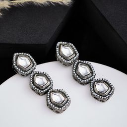 ATIBELLE Silver-Plated Kundan Stone Studded Contemporary Oxidised Drop Earrings-54