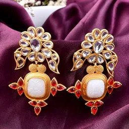 Silvermerc Designs Gold Pleated Kundan Contemporary Drop Earrings-image-34