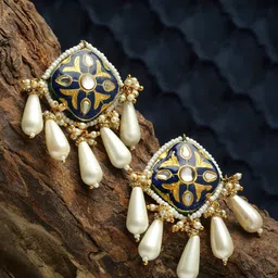 DUGRISTYLE Gold-Plated Square Shaped Kundan Drop Earrings-82