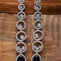 ZENEME Rhodium-Plated American Diamond studded Circular Shaped Drop Earrings-13