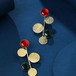 Yellow Chimes Gold-Plated Red & Green Stone Studded Drop Earrings-48