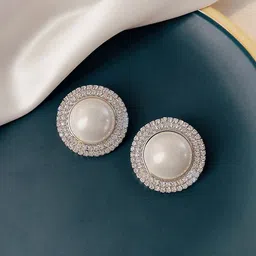 Unwind by Yellow Chimes Silver-Toned White Pearl & Crystal Studded Circular Stud Earrings-14