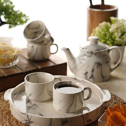 Aura 6 Pieces White Printed Ceramic Glossy Kettle Set image 1