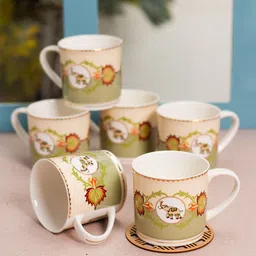 JCPL White & Green 6 Pieces Printed Ceramic Glossy Cups 200 ml-37