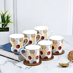 UPC Brown & Beige 6 Pieces Geometric Printed Ceramic Glossy Cups-29