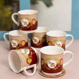JCPL White & Brown 6 Pieces Printed Ceramic Glossy Cups 200 ml-21