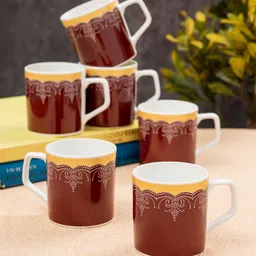 JCPL White & Brown 6 Pieces Printed Ceramic Glossy Cups 200 ml-9