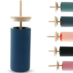 The Better Home Navy Blue Transparent Glass Tumbler with Straw & Lid 450ml-46