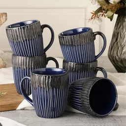MIAH Decor Set of 6 Blue Textured Ceramic Glossy Mugs-10