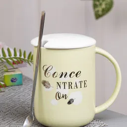 MARKET99 Yellow & White Printed Ceramic Glossy Mug With Lid-54