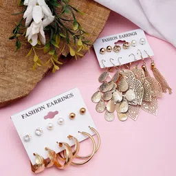 Jewels Galaxy Set Of 12 Gold-Plated Contemporary Studs & Drop Earrings image 2