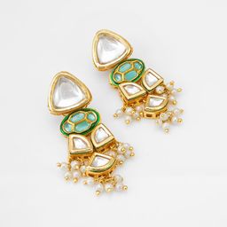 aadita Gold-Plated Kundan-Studded & Pearl-Beaded Contemporary Drop Earrings image 2