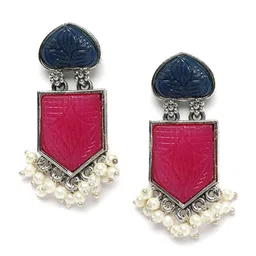KARATCART Silver-Plated Geometric Kundan Studded Drop Earrings image 3