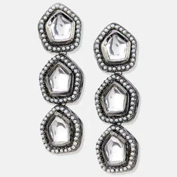 ATIBELLE Silver-Plated Kundan Stone Studded Contemporary Oxidised Drop Earrings image 4