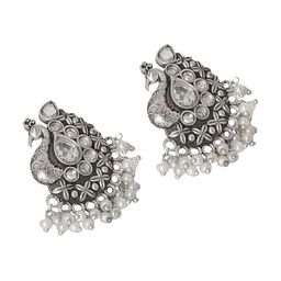 TEEJH Silver-Toned & White Stones & Pearls Studded Oxidised Contemporary Studs Earrings image 4