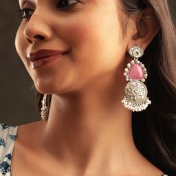 Rubans Silver Plated Stone Studded & Beaded Classic Drop Earrings-33