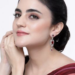 ZENEME Rhodium-Plated AD Studded Drop Earrings-51