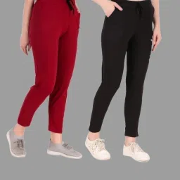 Pack of 2 Women Solid Maroon, Black Track Pants-picture-6