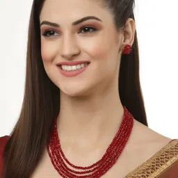 Arrabi Red Crystal Beaded Multistrand Jewellery Set-45
