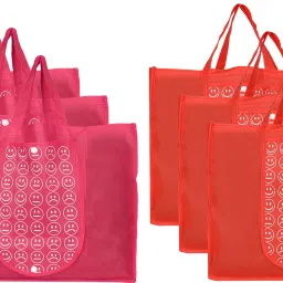 Shopping Grocery Bags Foldable, Washable Grocery Tote Bag with One Small Pocket, Eco-Friendly Purse Bag Fits in Pocket Waterproof & Lightweight (Set Of 6,Pink & Red) Pack of 6 Grocery Bags-16