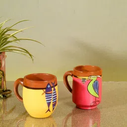 AAKRITI ART CREATIONS Pink & Yellow 2 Pieces Printed Terracotta Matte Mugs 200ml-51