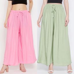 Pack of 2 Women Flared Pink, Light Green Viscose Rayon Trousers-image-56