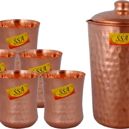 Shinee Hammer Luxury Design Pure Copper Jug with Glass Set - ( Capacity - 1.6 Liter ) - 7 Pieces Drinkware Set Jug Glass Set-image-87